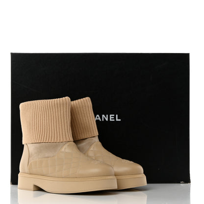 Chanel Suede Lambskin Calfskin Knit Womens Ankle Boots 39 Beige 8 of 8