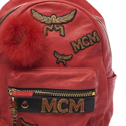 MCM Lambskin Fox Fur Small Stark Insignia Backpack Red 9 of 11