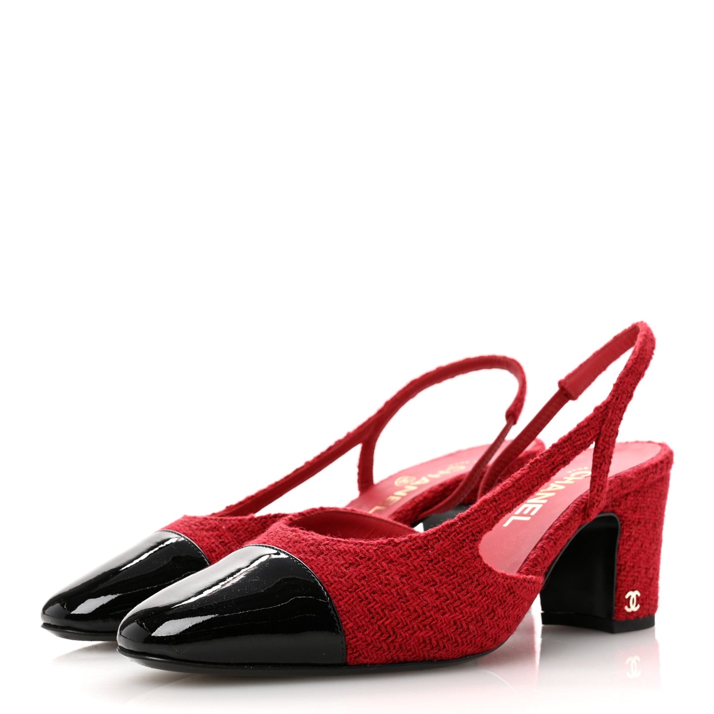 Tweed Patent Cap Toe CC Slingback Pumps 39.5 Red Black