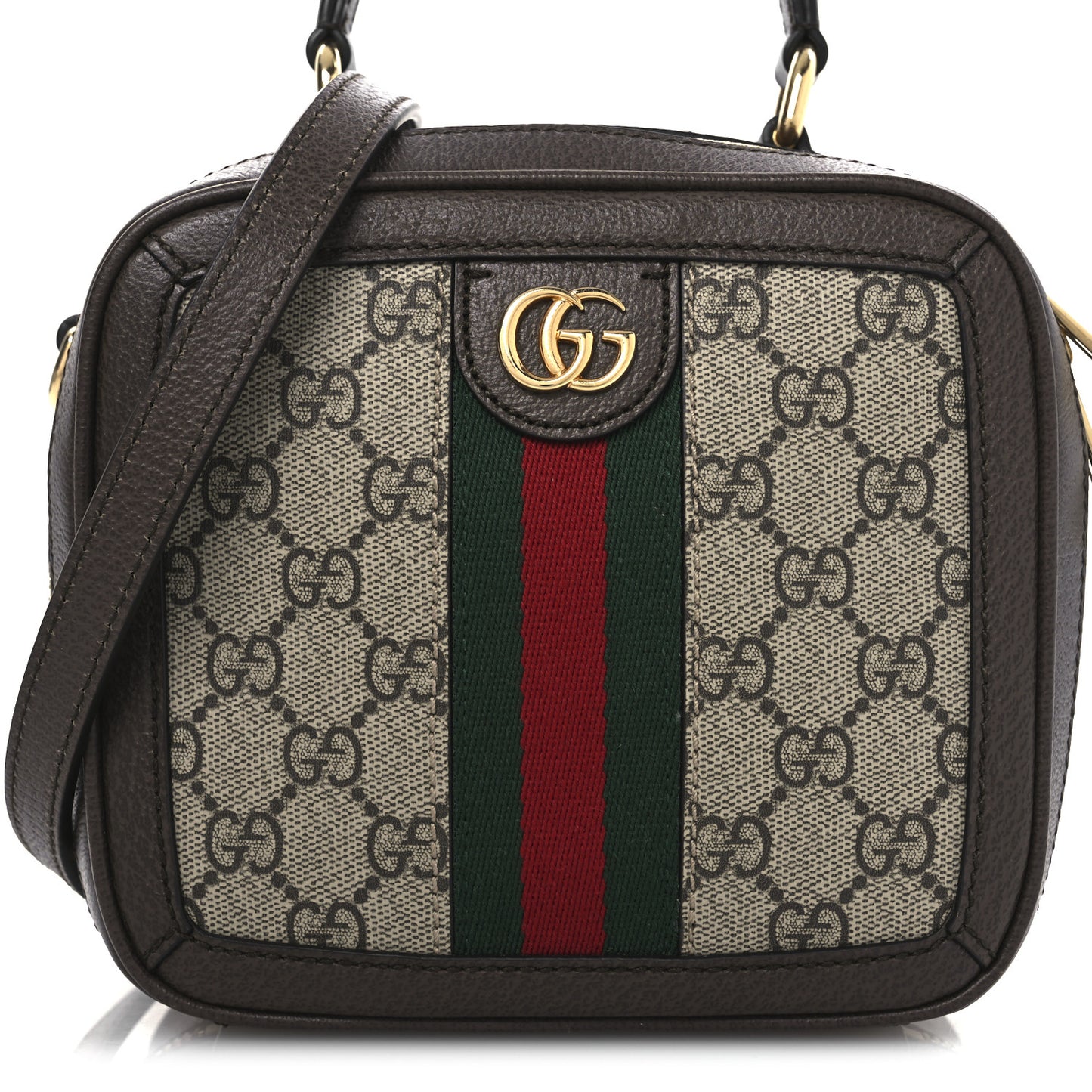 GG Supreme Monogram Textured Dollar Calfskin Mini Ophidia Top Handle Square Shoulder Bag Beige Ebony New Acero