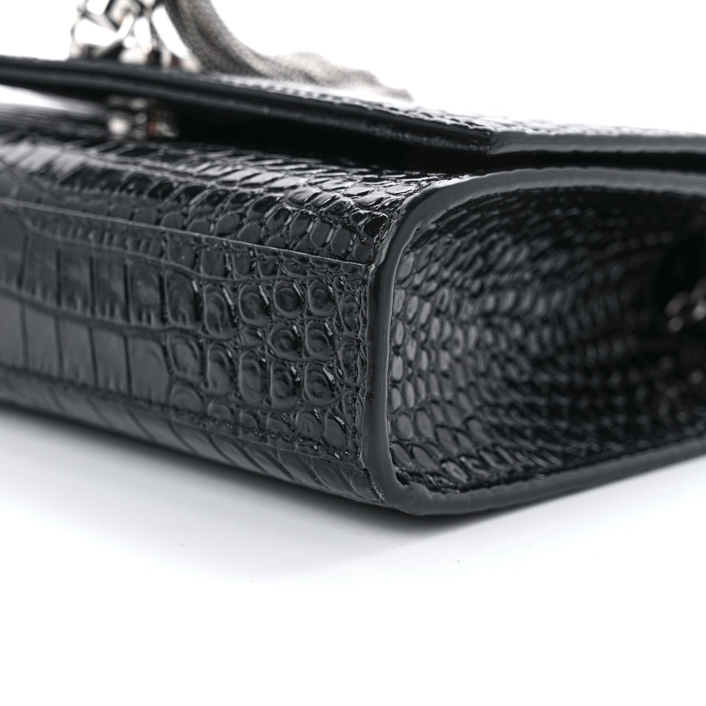 Calfskin Crocodile Embossed Small Classic Monogram Kate Tassel Satchel Black