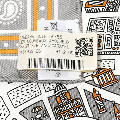 Hermes Silk Les Nouveaux Amoureux de Paris Bandana Scarf 55 Gris White Caramel 3 of 5