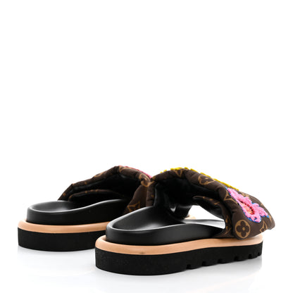 Louis Vuitton LV X YK Nylon Monogram Embroidered Faces Pool Pillow Flat Comfort Mule 37 Cacao Brown 4 of 9