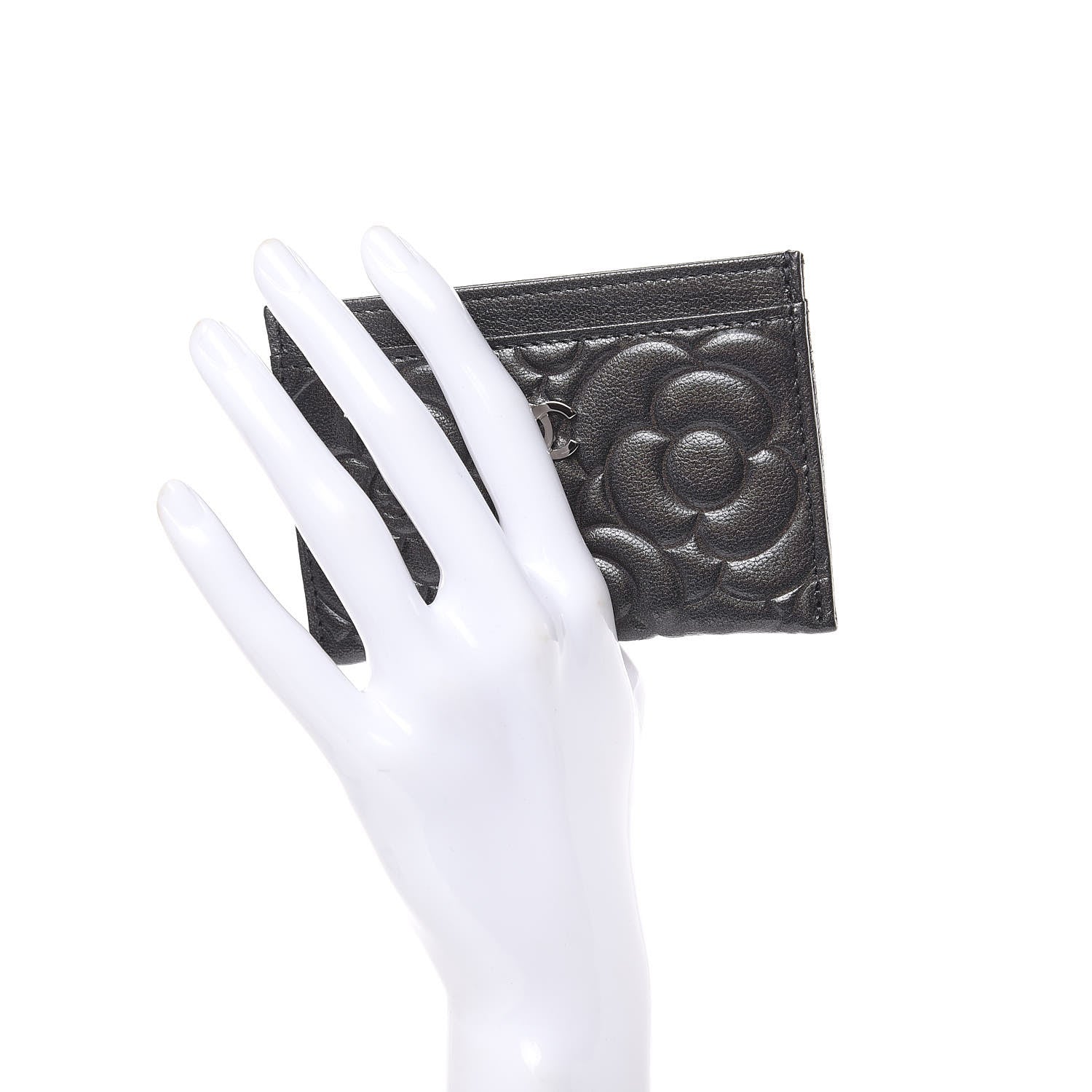 Chanel Goatskin Camellia Embossed Card Holder Wallet Grey 2 of 9