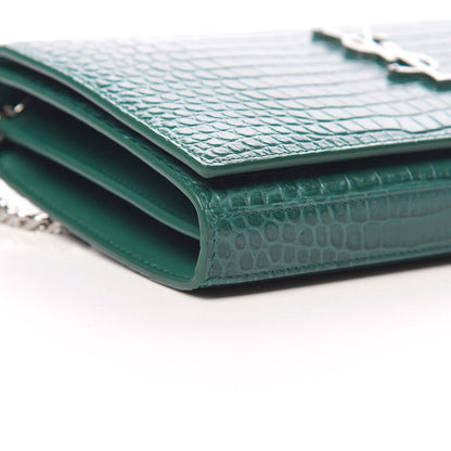 Saint Laurent Calfskin Crocodile Embossed Monogram Chain Wallet Water Green 6 of 11
