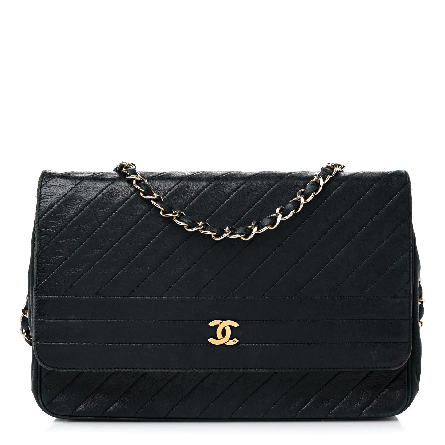 Lambskin Diagonal Quilted Small Single Flap Black