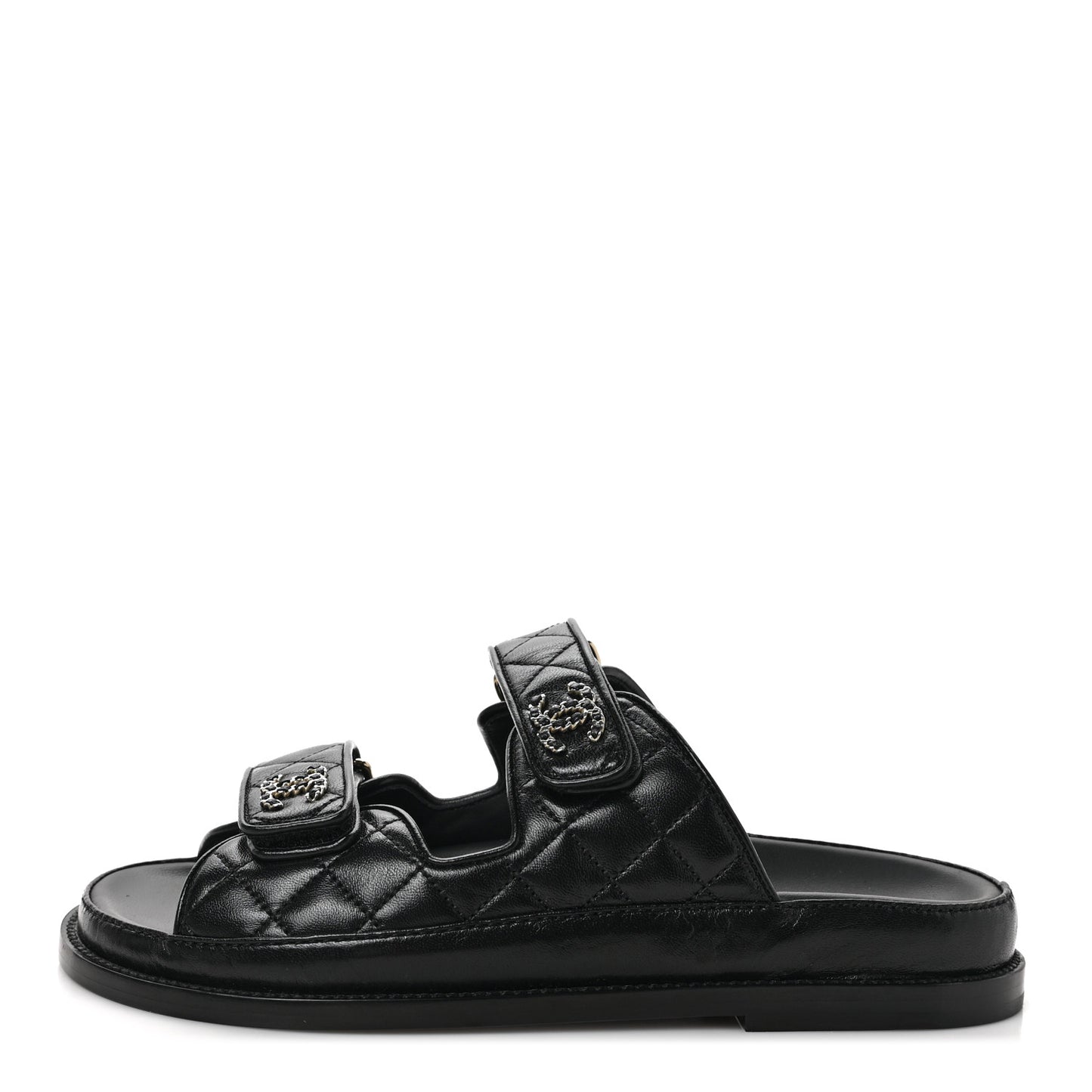 Lambskin Quilted Velcro Dad Chain CC Slide Sandals 36.5 Black