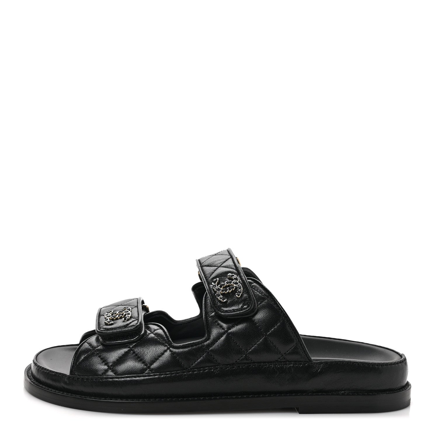 Chanel Lambskin Quilted Velcro Dad Chain CC Slide Sandals 36.5 Black 1 of 9