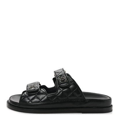 Chanel Lambskin Quilted Velcro Dad Chain CC Slide Sandals 36.5 Black 1 of 9