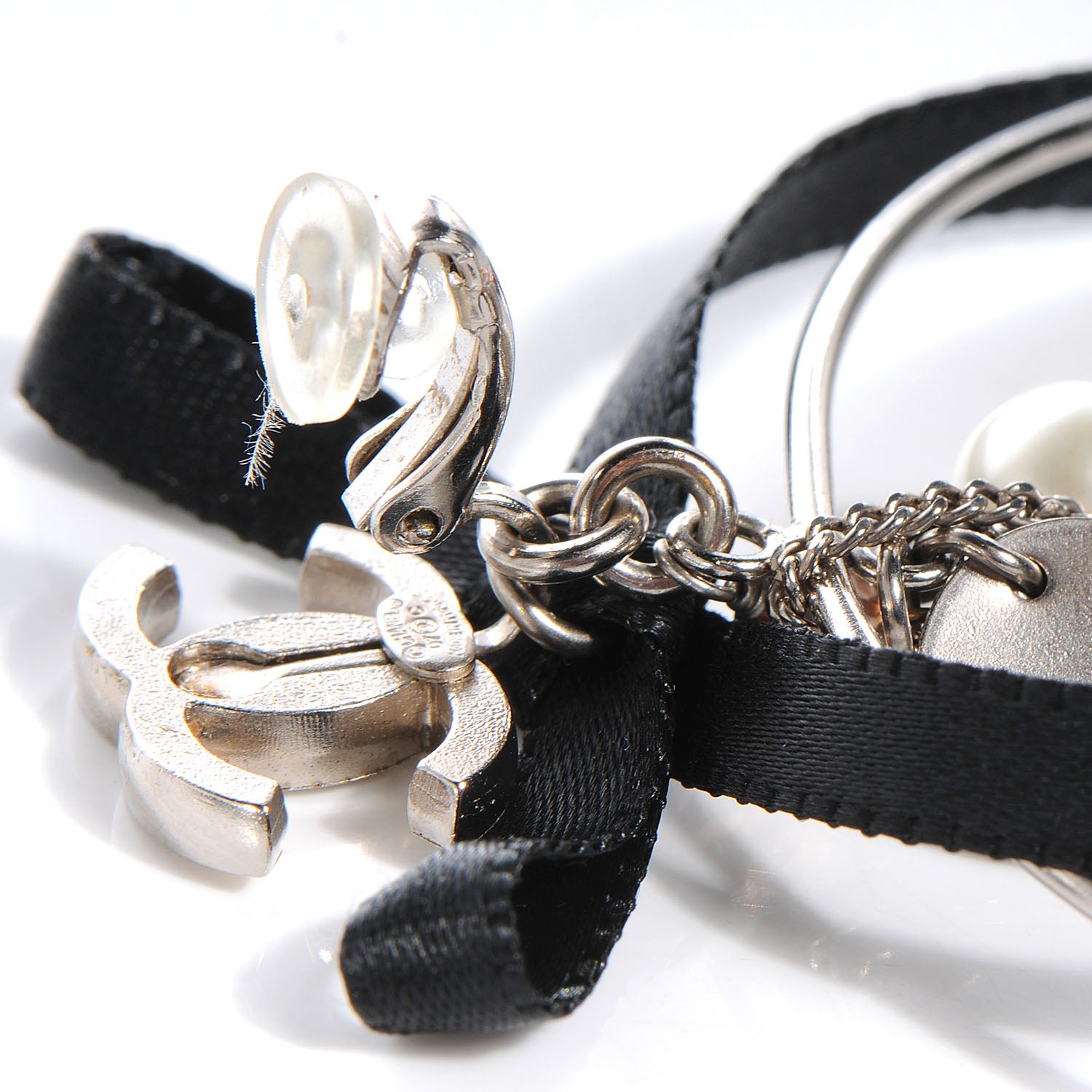 Chanel CC Pearl Hoop Ribbon Earrings Black White 5 of 6