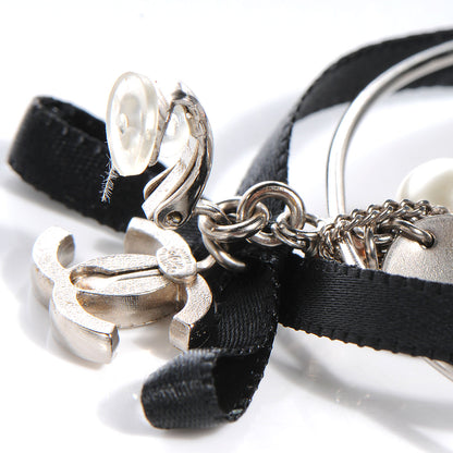 Chanel CC Pearl Hoop Ribbon Earrings Black White 5 of 6