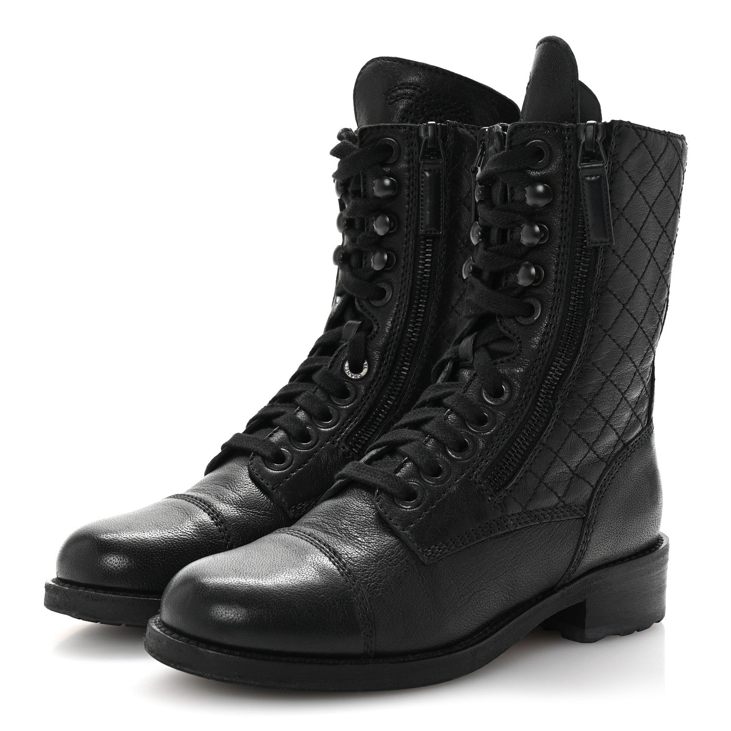 Chanel Sheepskin Quilted CC Tall Lace Up Combat Boots 35 Black 4 of 10