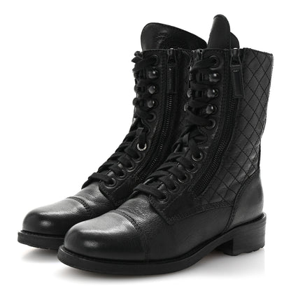 Chanel Sheepskin Quilted CC Tall Lace Up Combat Boots 35 Black 4 of 10