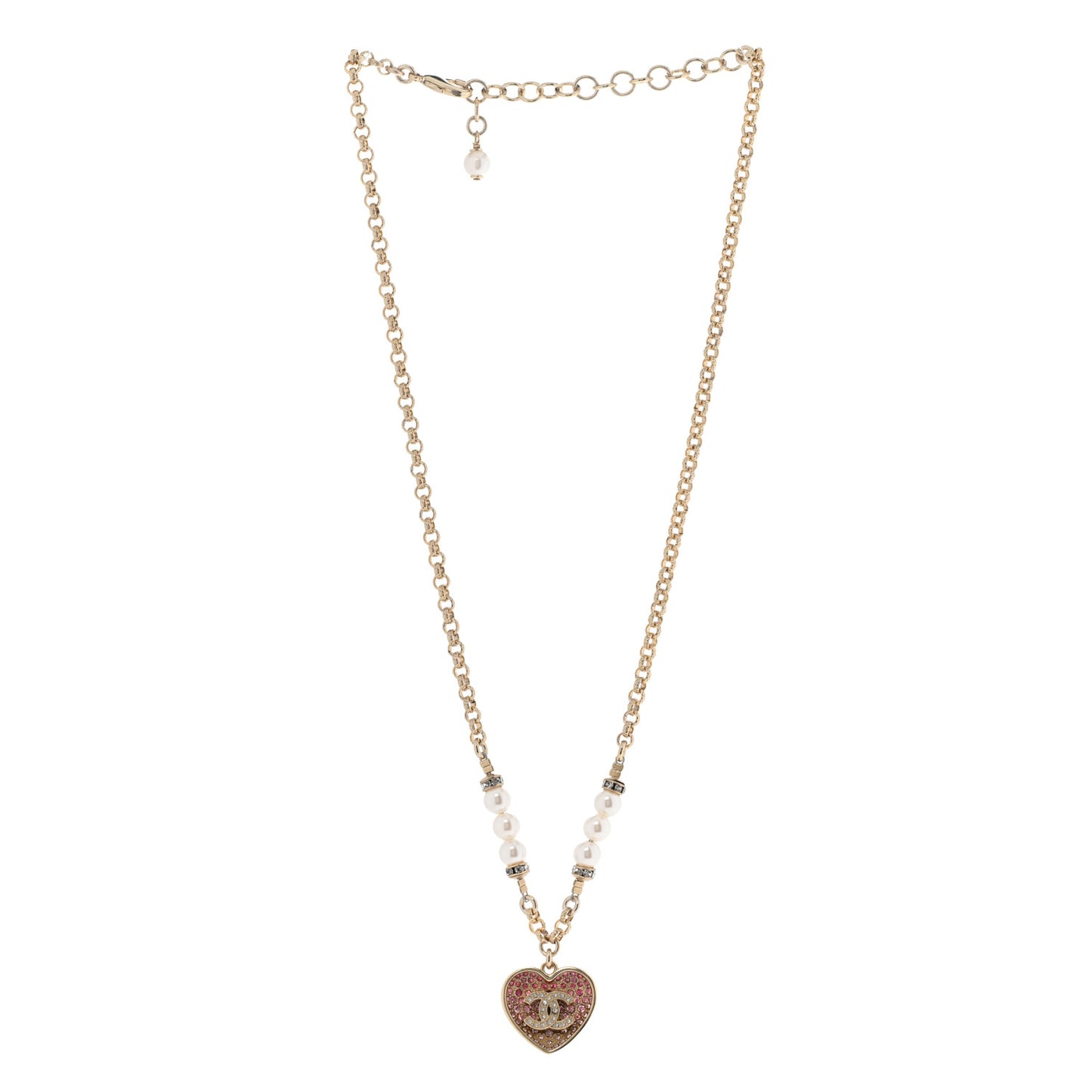 Resin Crystal Pearl Chain Heart CC Drop Necklace Pink White Gold