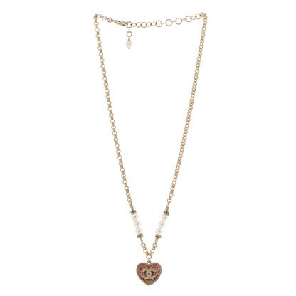 Chanel Resin Crystal Pearl Chain Heart CC Drop Necklace Pink White Gold 5 of 9