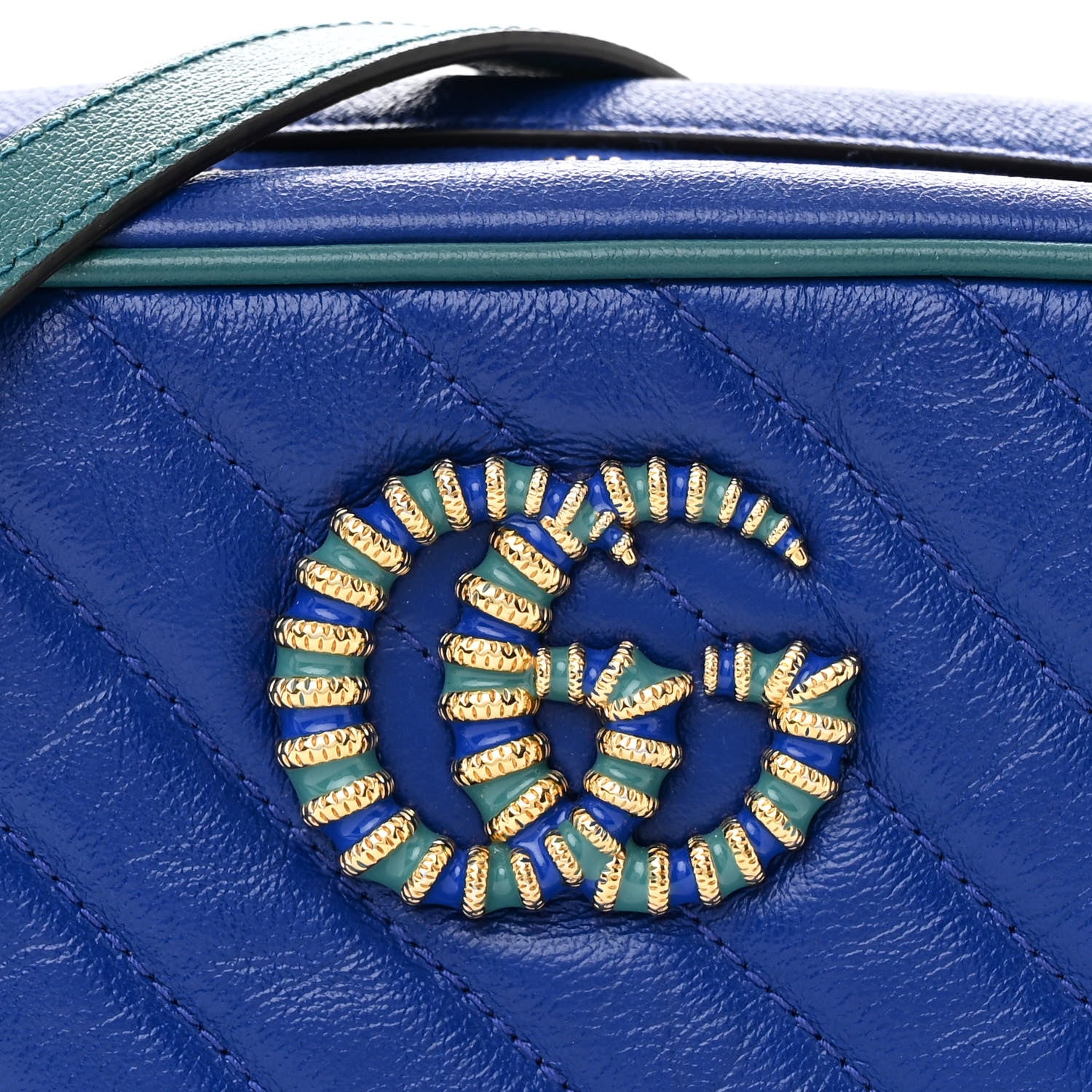 Gucci Azalea Calfskin Enamel Matelasse Diagonal Small Torchon GG Marmont Chain Shoulder Bag Imperial Blue Pavone 8 of 13