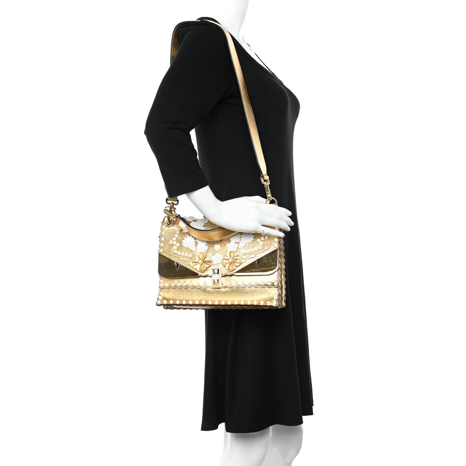 Fendi Metallic Calfskin Wonder Monster Kan I Shoulder Bag Gold 2 of 10