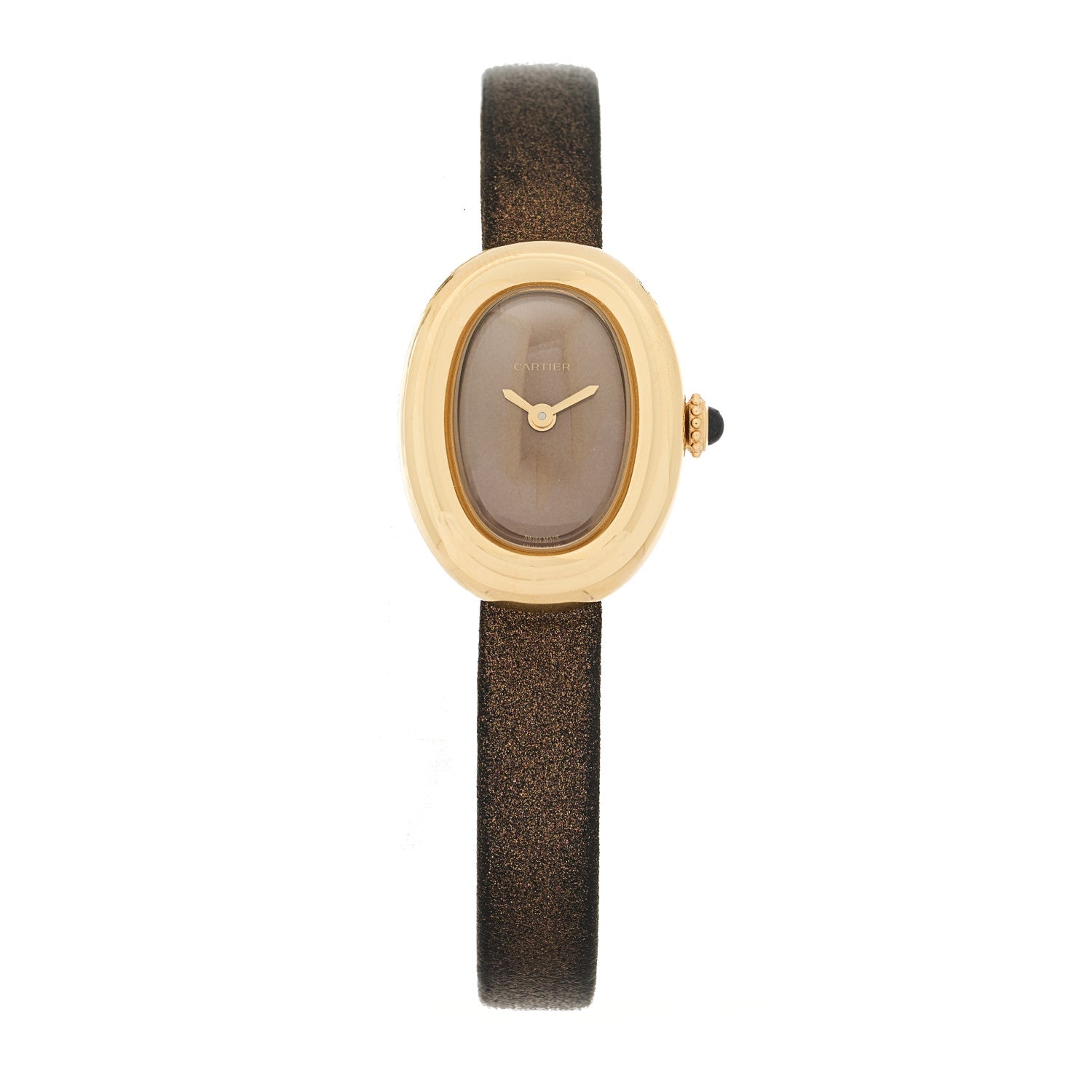 Cartier 18K Yellow Gold Calfskin 18mm Baignoire Quartz Watch Brown