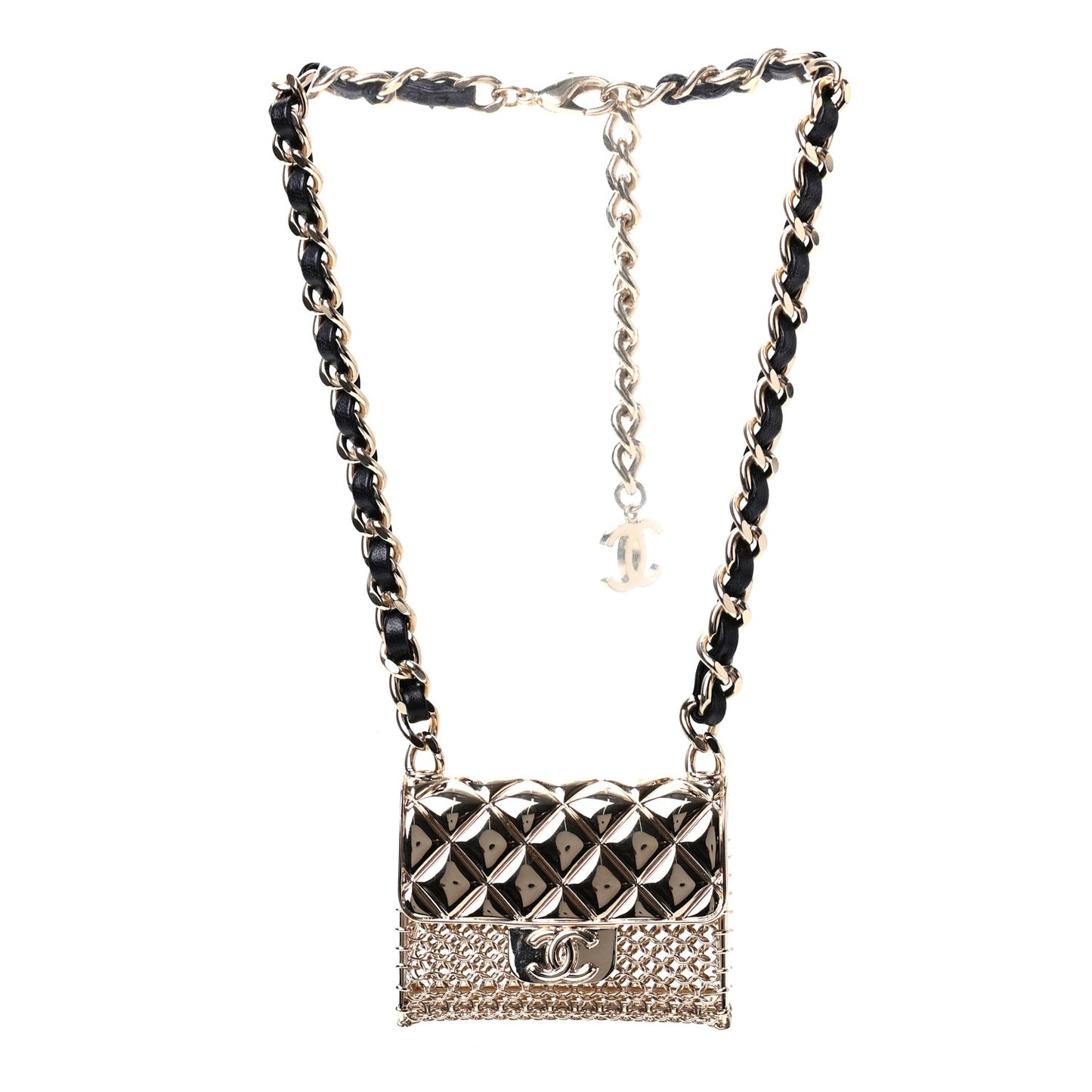 Metal Lambskin Chain Micro Bag Necklace Gold Black