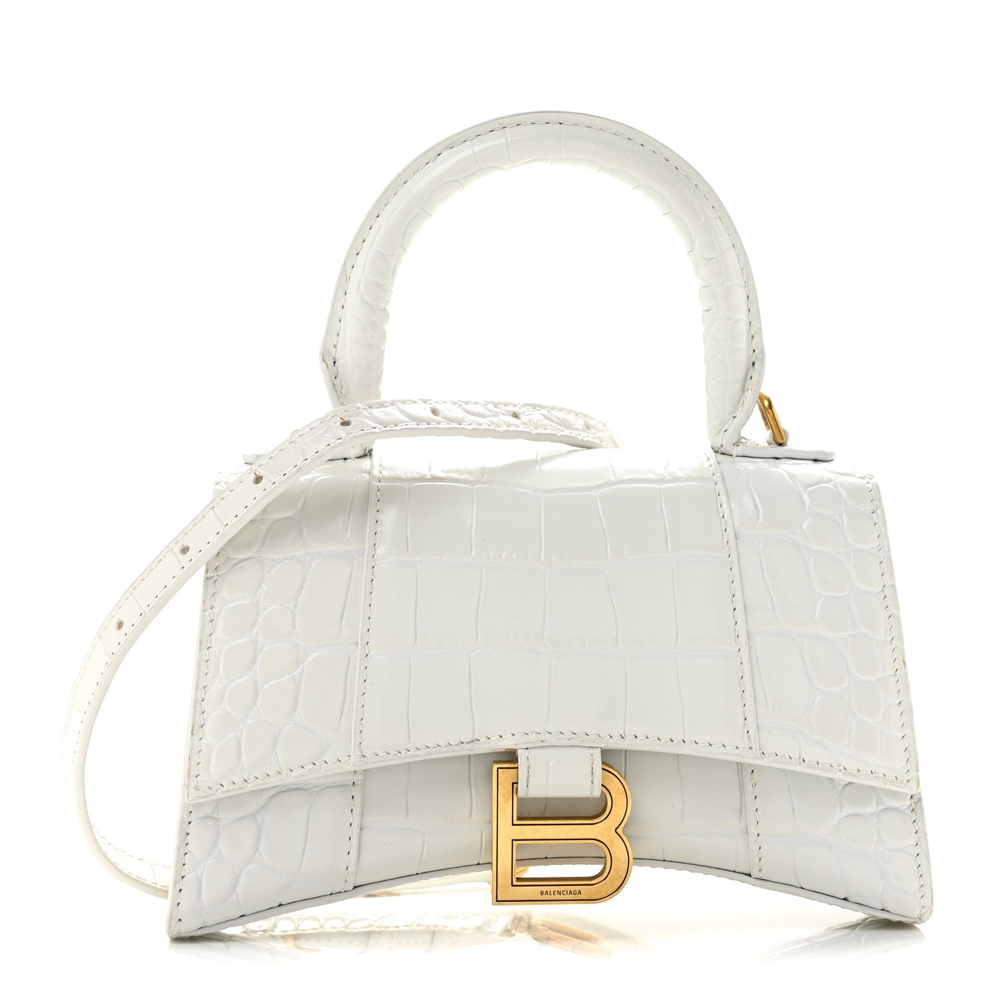 Shiny Calfskin Crocodile Embossed Hourglass Top Handle Bag XS White