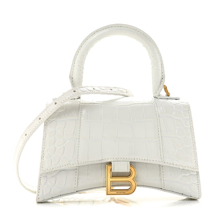 Balenciaga Shiny Calfskin Crocodile Embossed Hourglass Top Handle Bag XS White 1 of 13