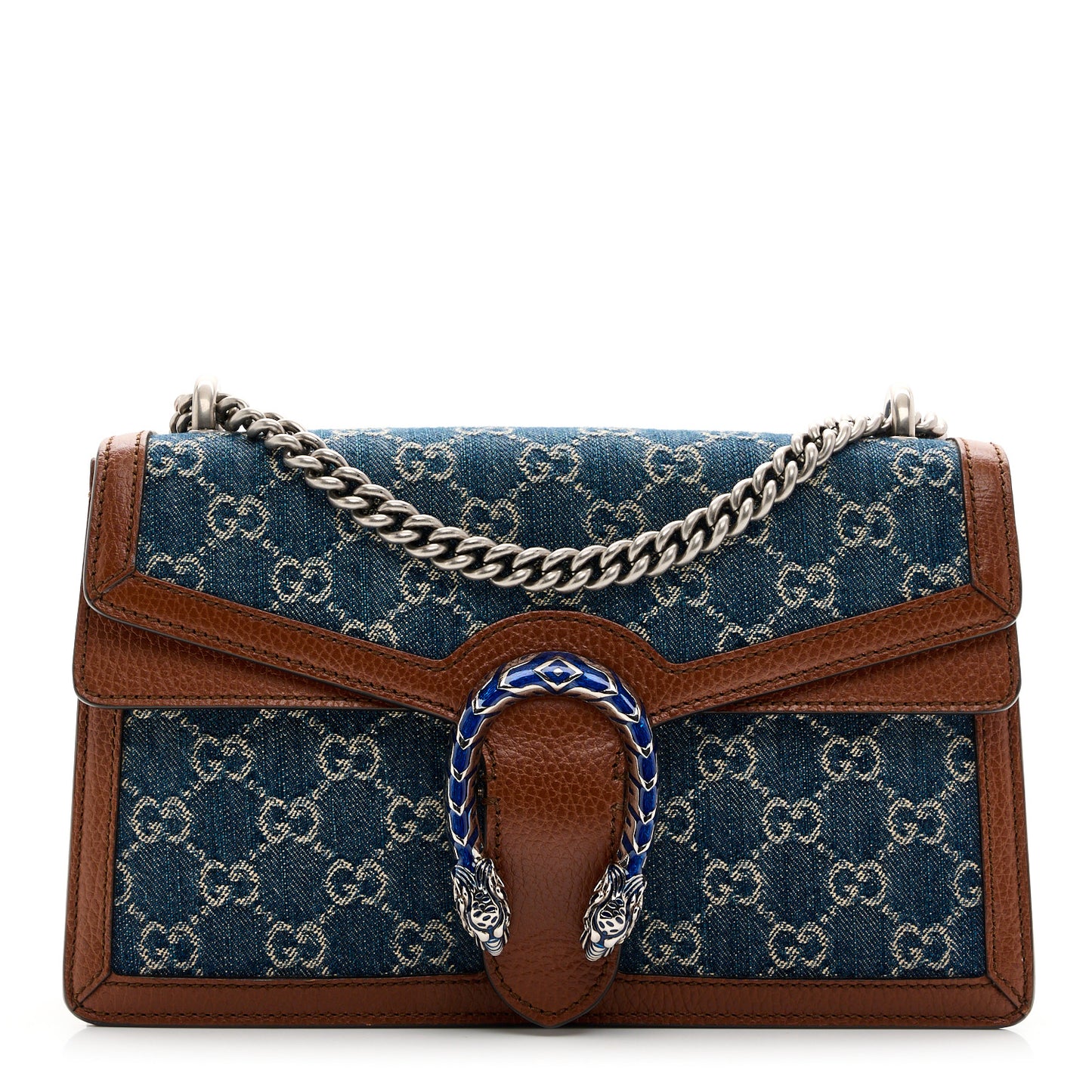 New Denim GG Monogram Dollar Calfskin Enamel Small Dionysus Shoulder Bag Blue Tea Cuir Epilog Electric Blue