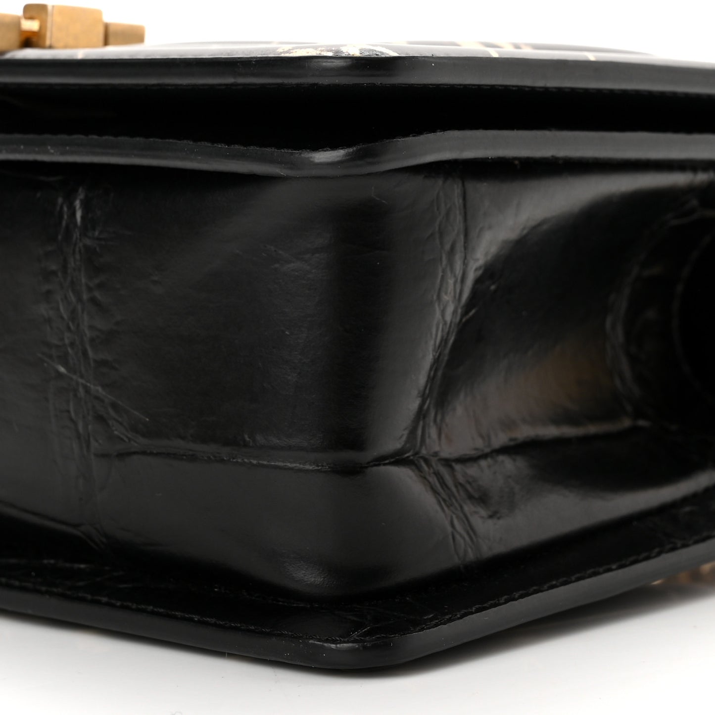 Calfskin Crocodile Embossed Graffiti Cocodile Small Boy Flap Black Gold