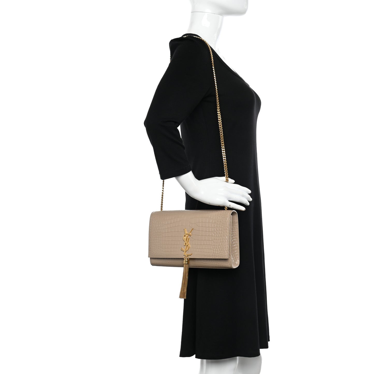 Calfskin Crocodile Embossed Medium Classic Monogram Kate Tassel Satchel Dark Beige