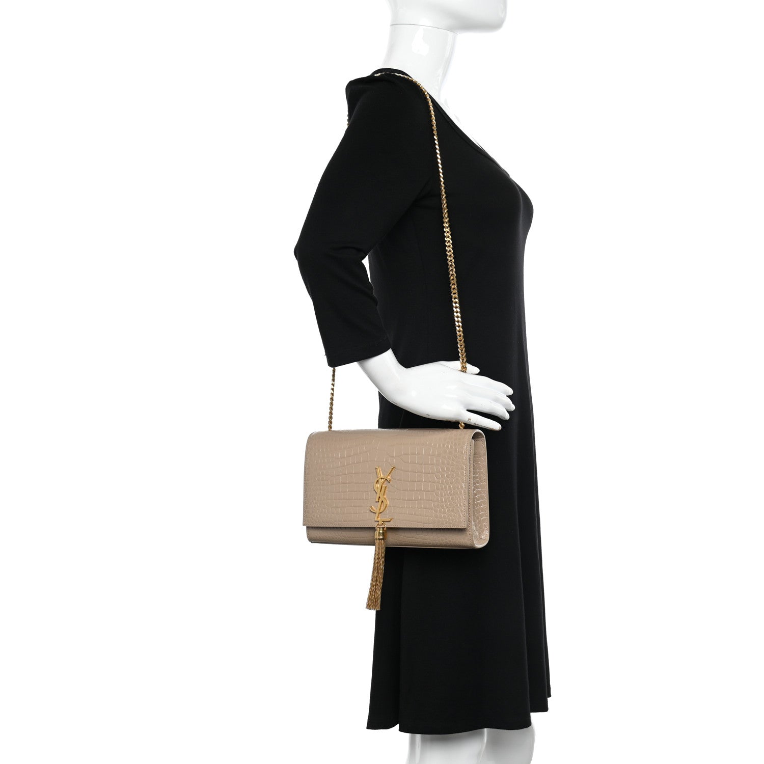 Saint Laurent Calfskin Crocodile Embossed Medium Classic Monogram Kate Tassel Satchel Dark Beige 2 of 12