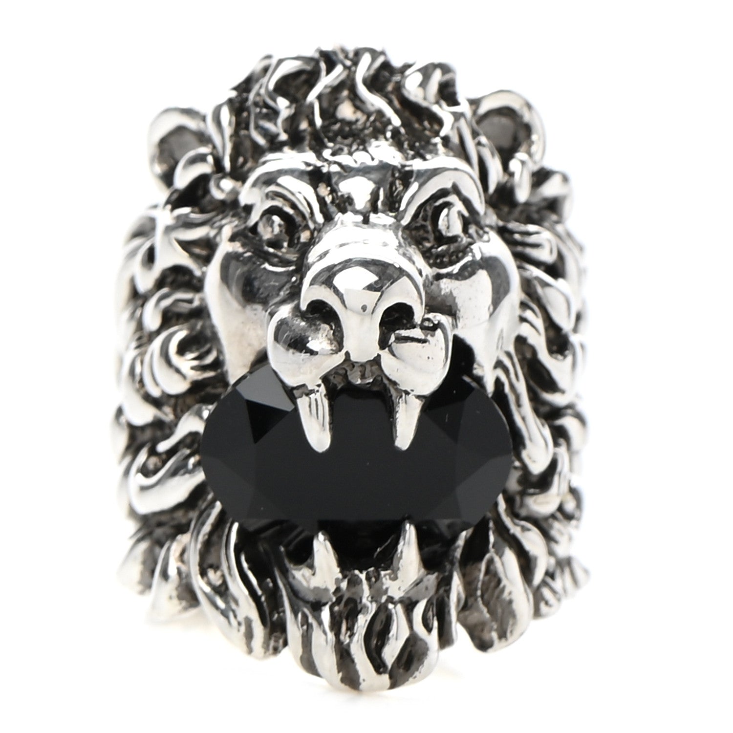 Gucci Metal Crystal Lion Head Ring 16 7.5 Black Aged Silver 1 of 7