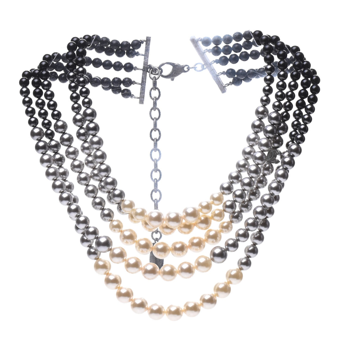 Graduated Pearl CC Multi Strand Short Necklace Ruthenium Grey Black