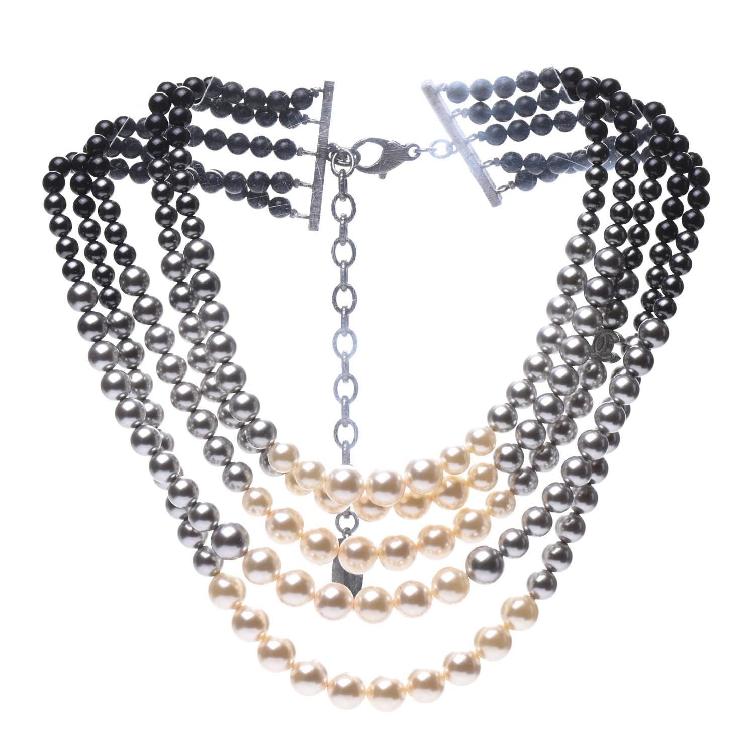 Chanel Graduated Pearl CC Multi Strand Short Necklace Ruthenium Grey Black 1 of 5