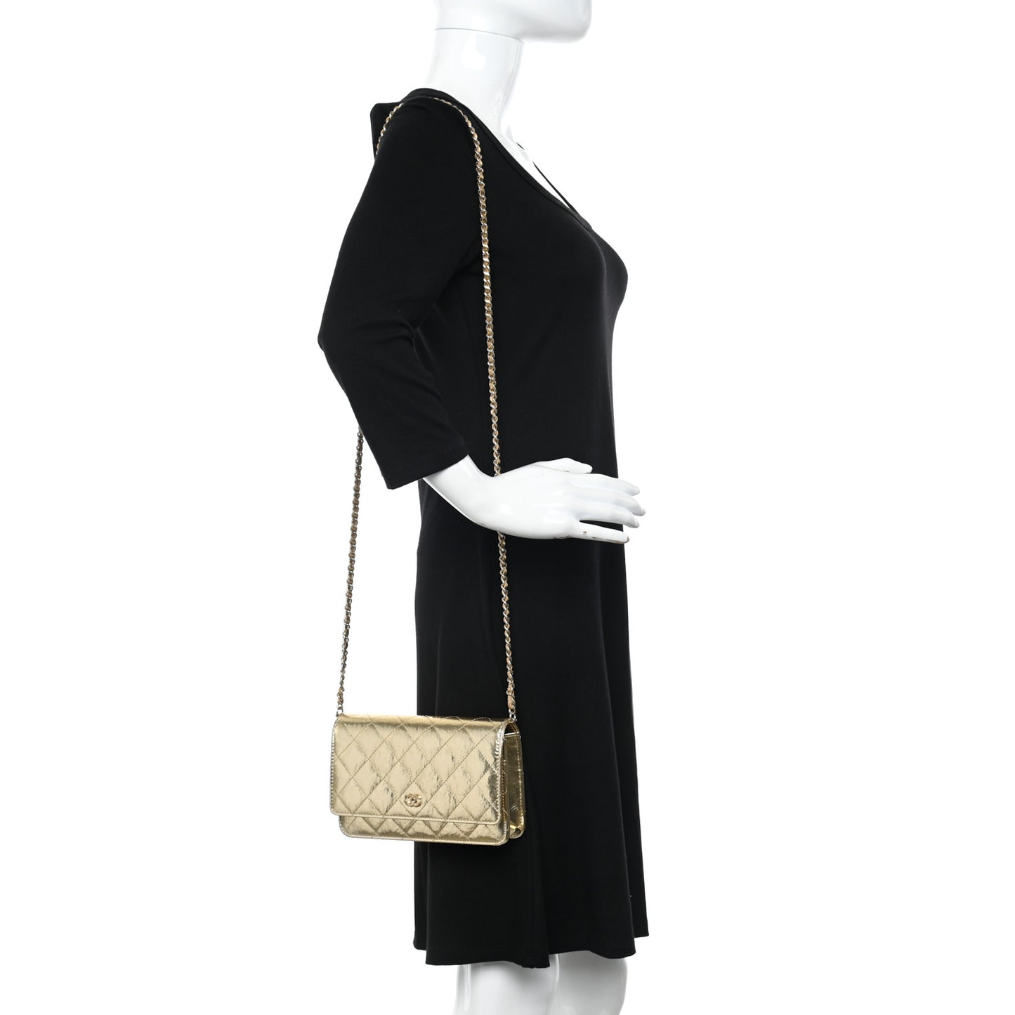Hammered Metallic Calfskin Quilted Wallet On Chain WOC Gold