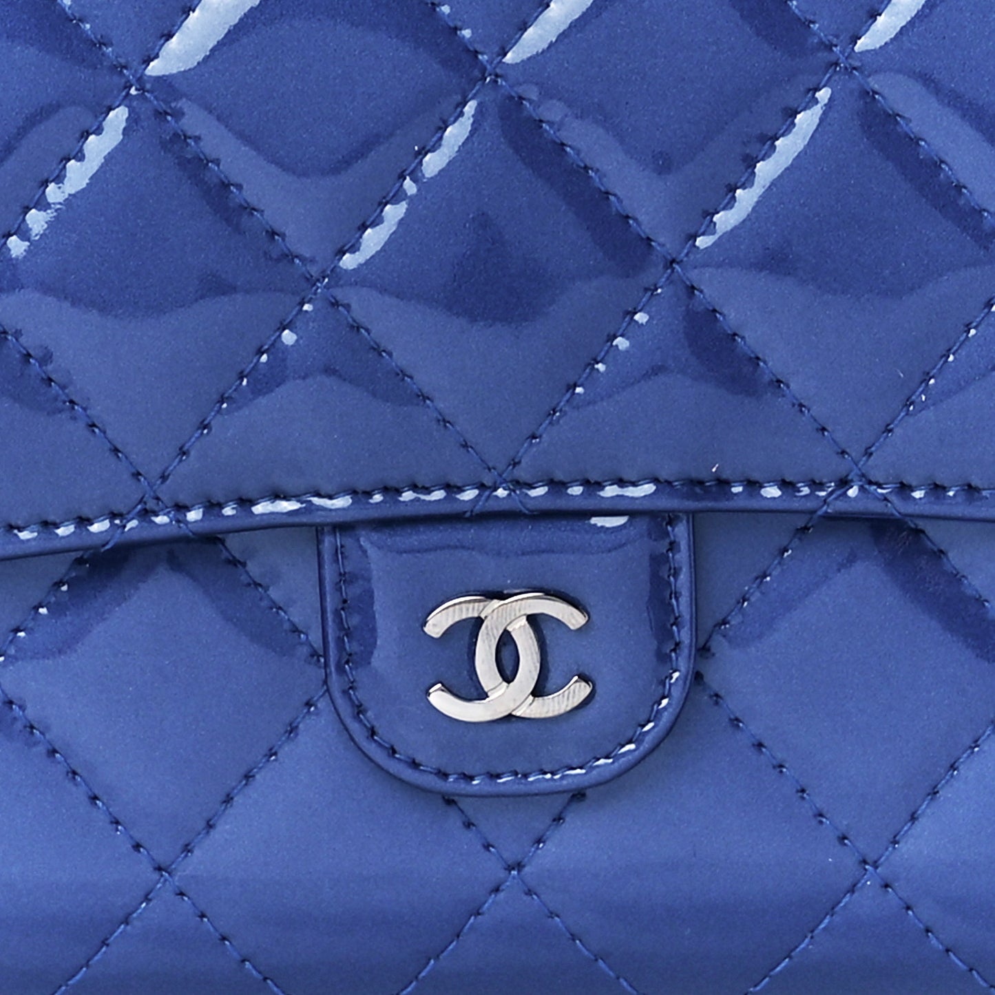 Patent Calfskin Quilted Flap Clutch Wallet Blue