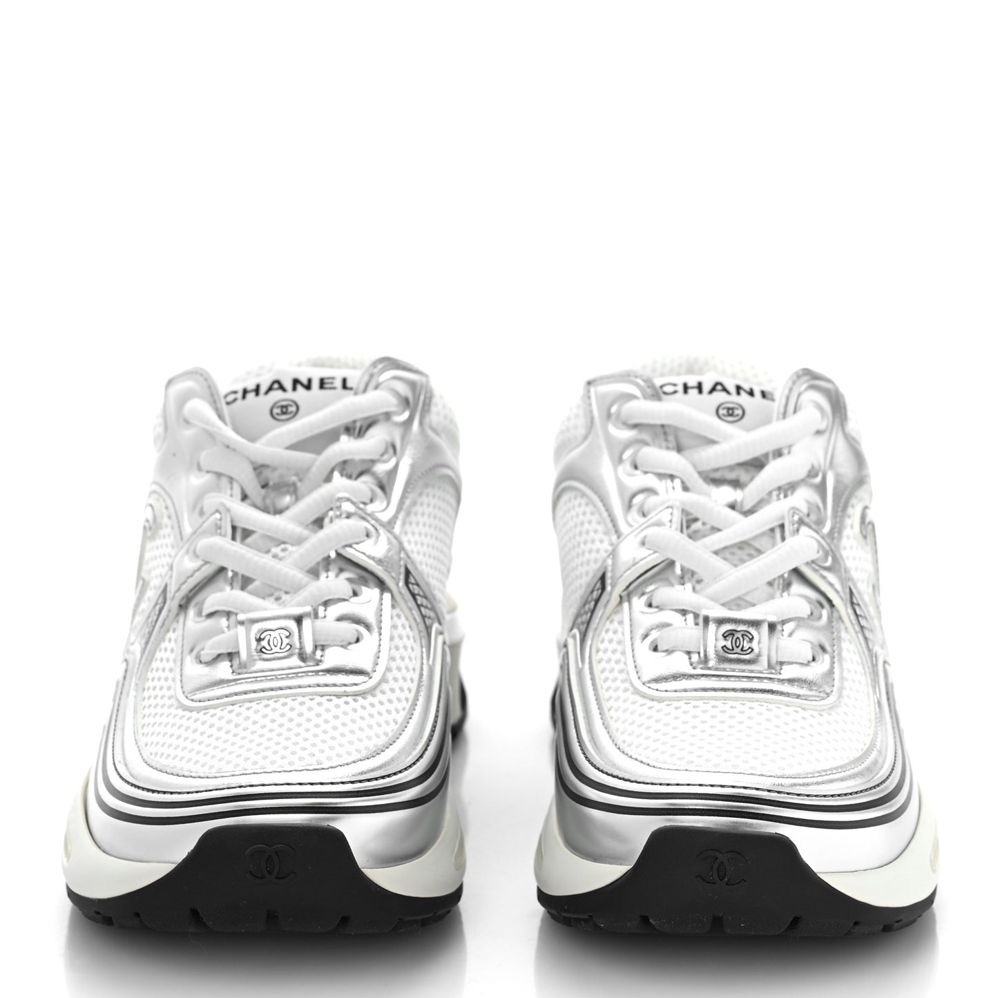 Fabric Laminated Calfskin Stretch CC Sneakers 37 White Silver