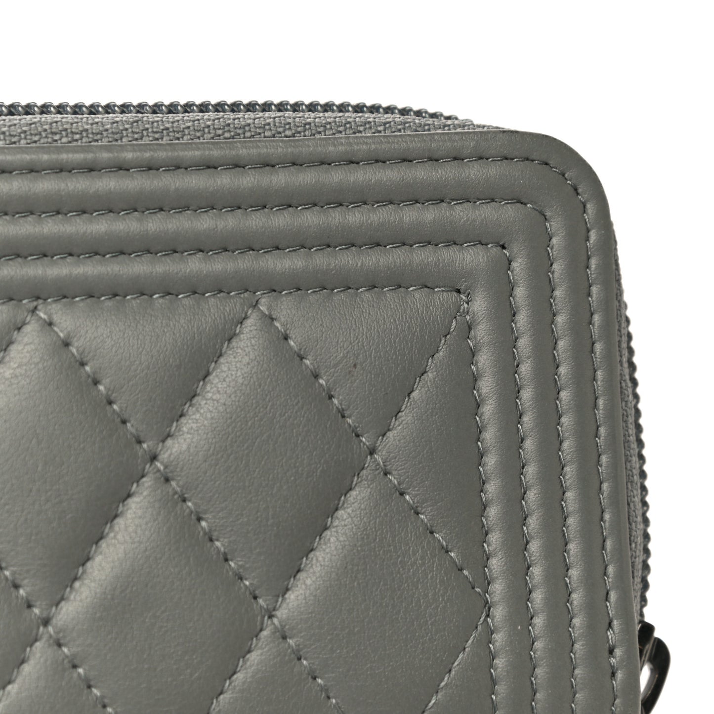Lambskin Quilted Boy Zip Around Coin Purse Wallet Grey