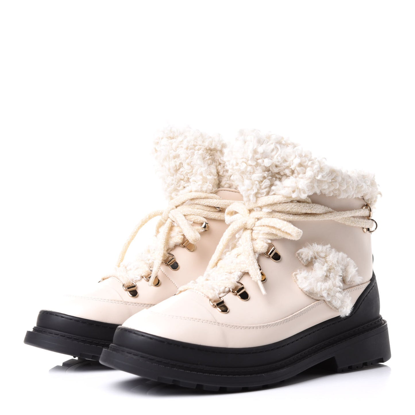Calfskin Shearling CC Lace Up Boots 38.5 Light Beige Ivory