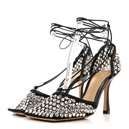 Bottega Veneta Mesh Nappa Crystal Embellished Sparkle Stretch Ankle Tie Sandals 36.5 Black 4 of 9