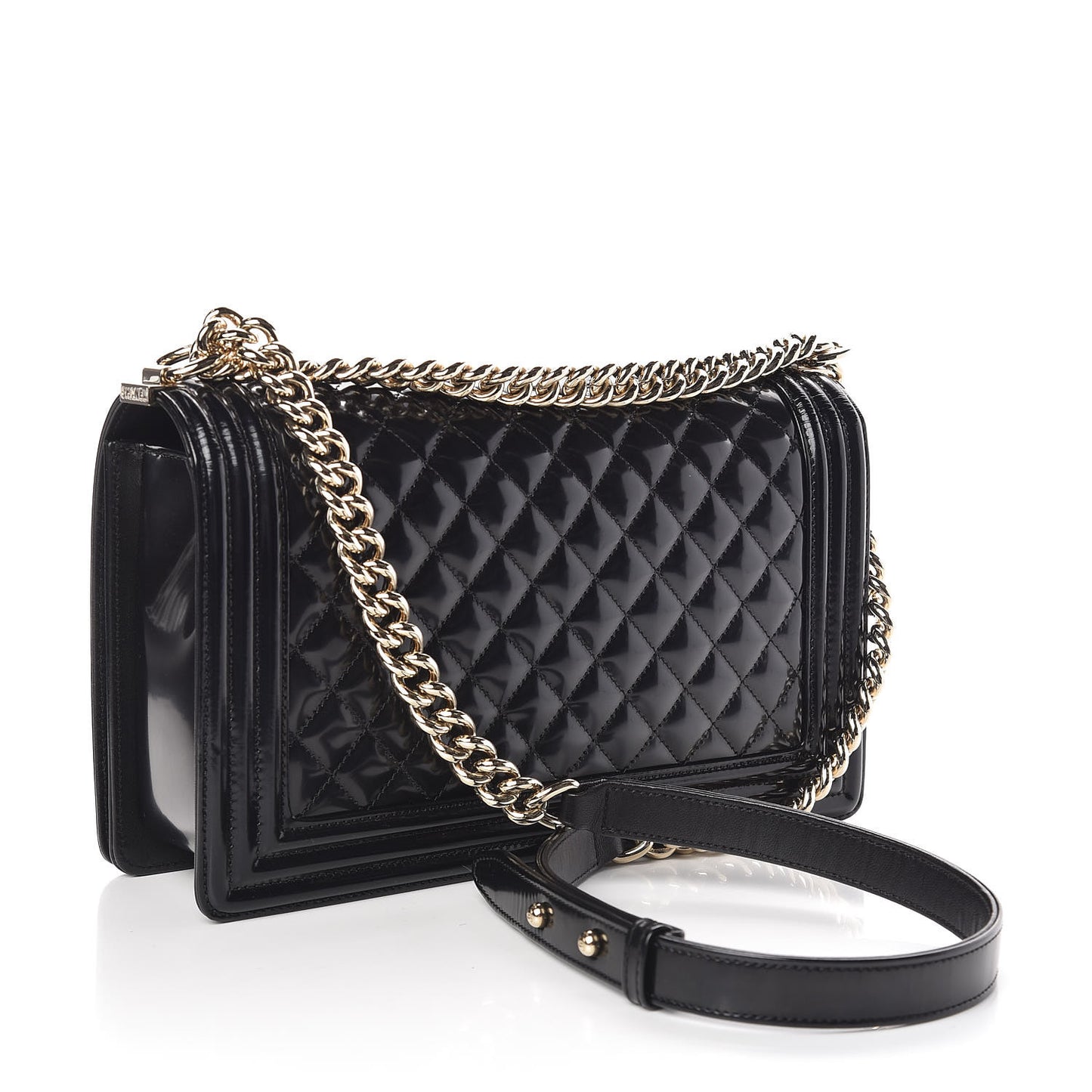 Patent Calfskin Quilted New Medium Boy Flap Black