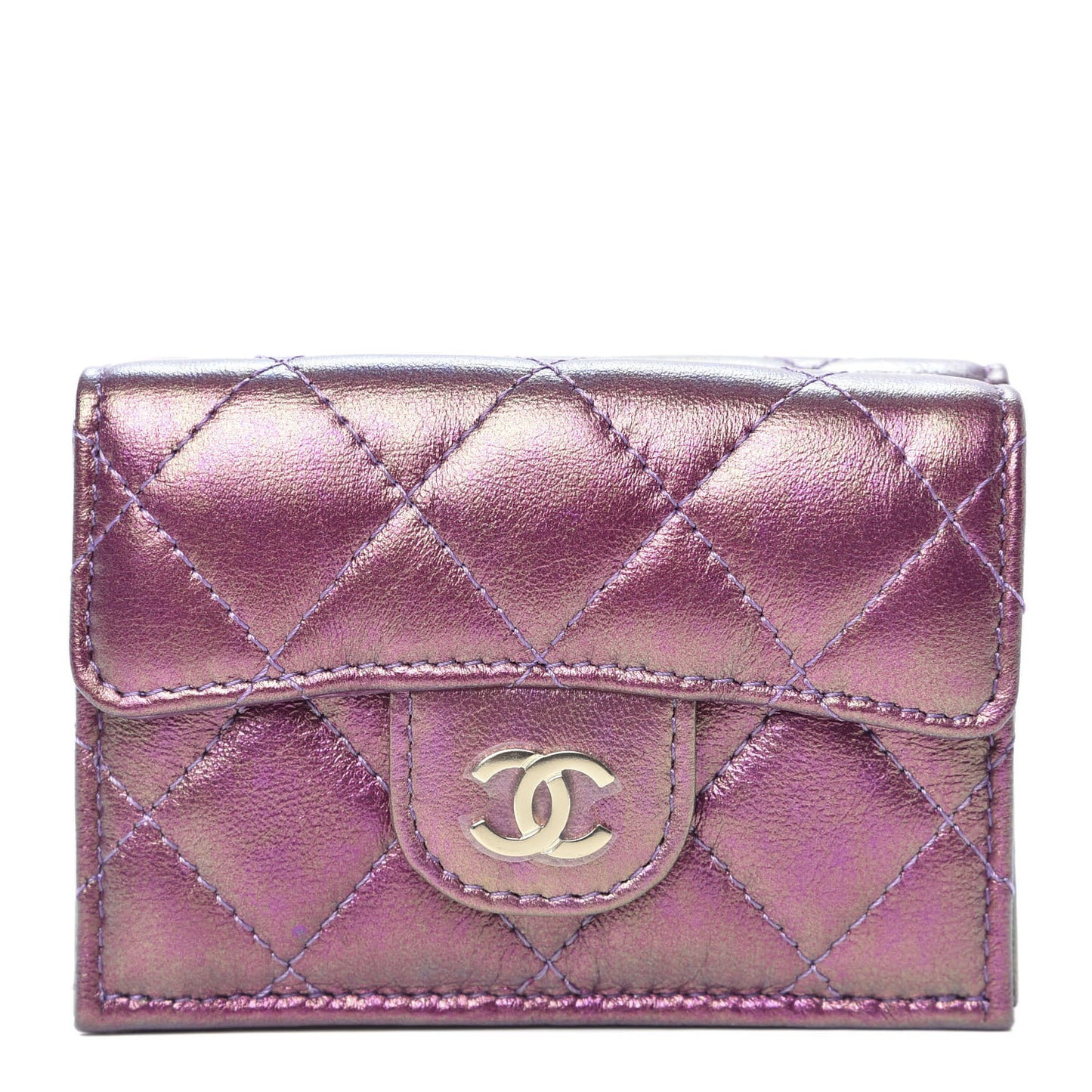 Iridescent Lambskin Small Quilted Flap Wallet Purple