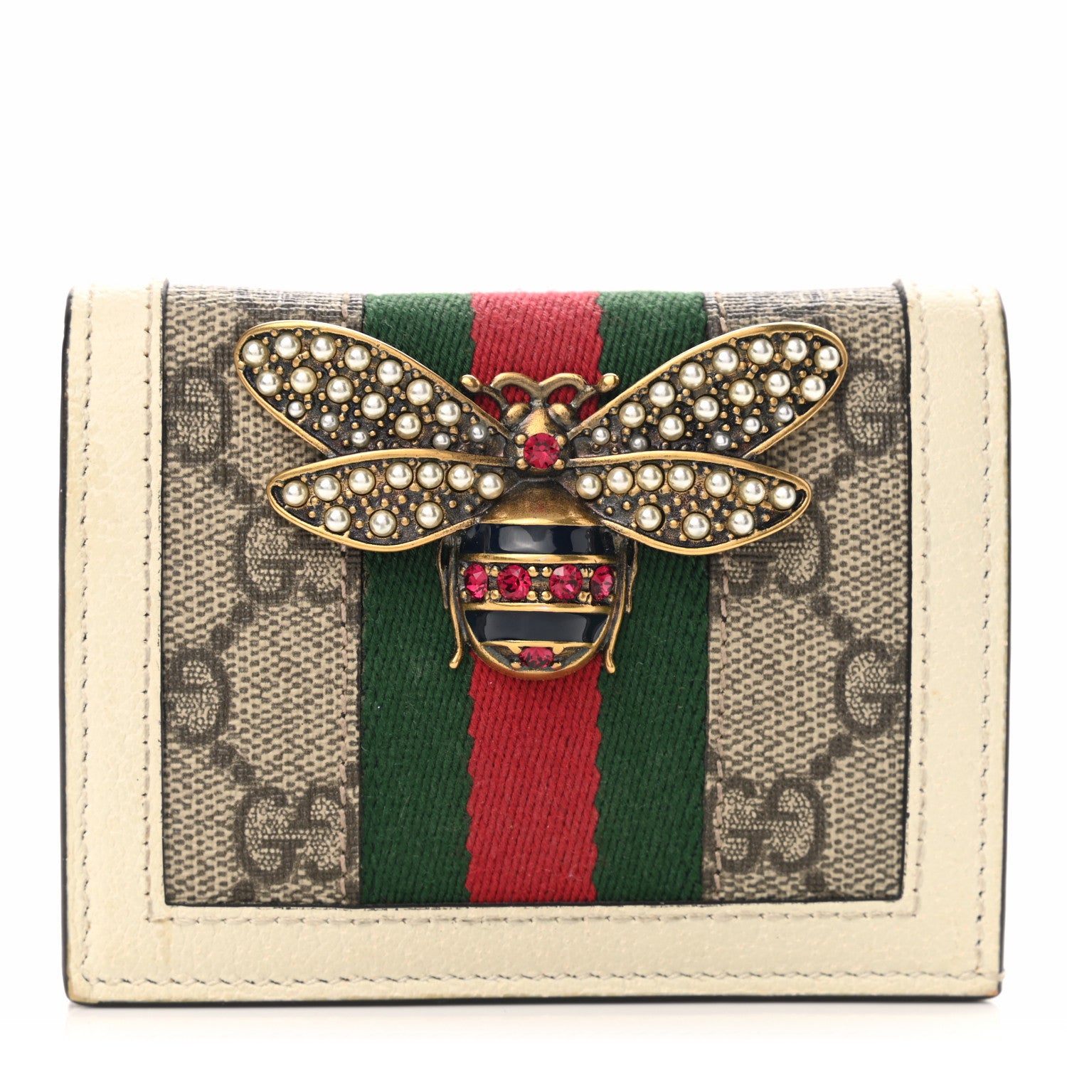 Gucci GG Supreme Monogram Web Queen Margaret Card Case Wallet Beige Mystic White 1 of 6