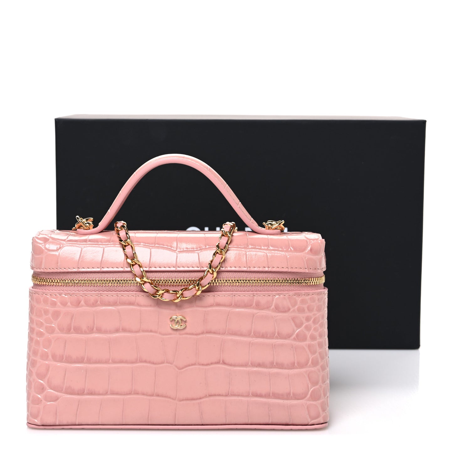 Calfskin Crocodile Embossed Crococo Top Handle Slim Vanity Case With Chain Light Pink