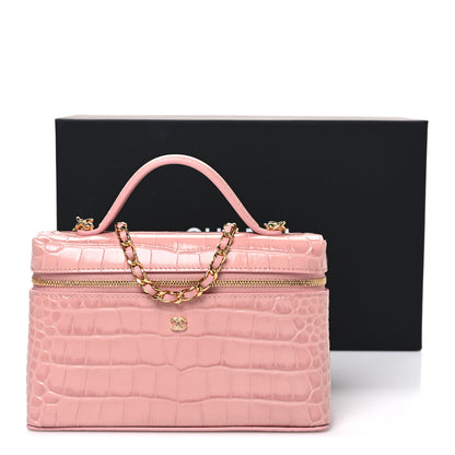 Chanel Calfskin Crocodile Embossed Crococo Top Handle Slim Vanity Case With Chain Light Pink 11 of 11