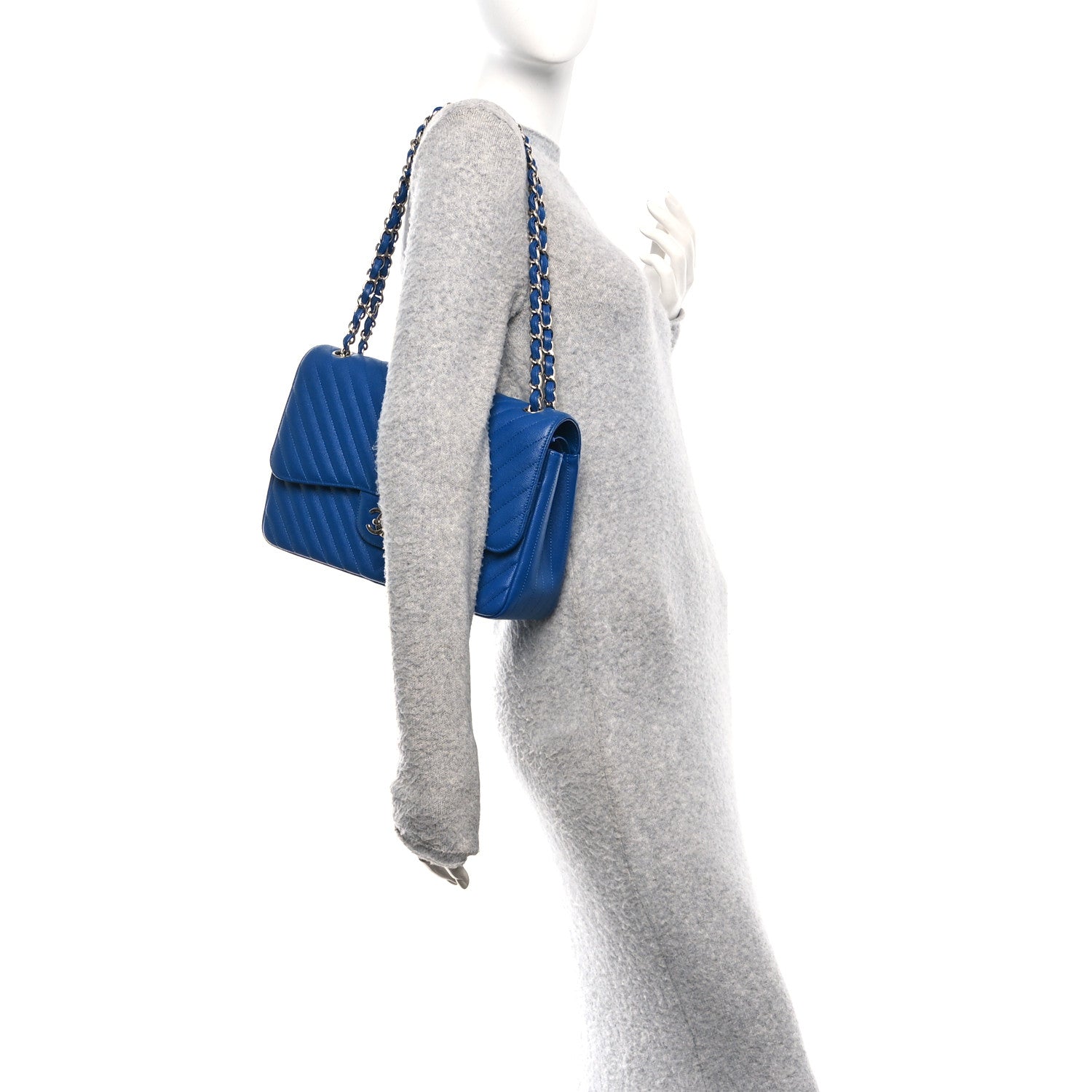 Chanel Caviar Chevron Quilted Jumbo Double Flap Blue 2 of 11