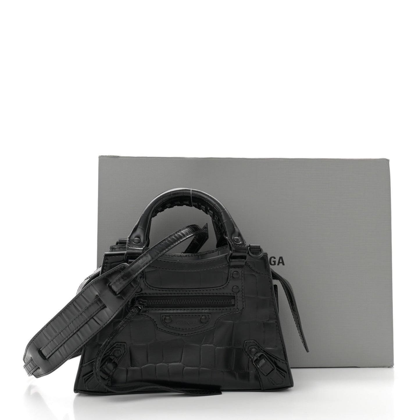 Semi Shiny Calfskin Crocodile Embossed Neo Classic Black Hardware Mini City Black