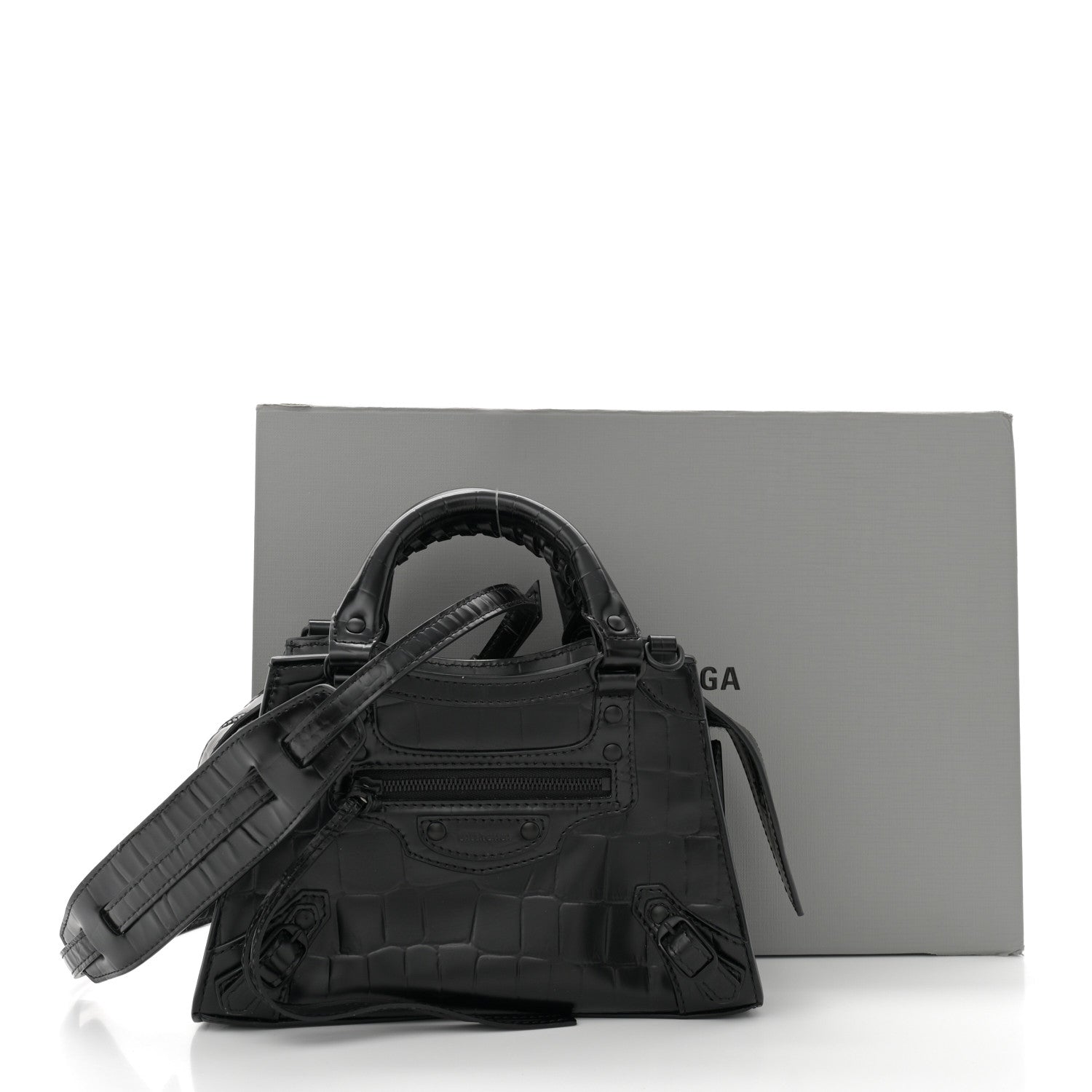 Balenciaga Semi Shiny Calfskin Crocodile Embossed Neo Classic Black Hardware Mini City Black 12 of 12