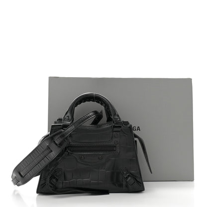 Balenciaga Semi Shiny Calfskin Crocodile Embossed Neo Classic Black Hardware Mini City Black 12 of 12