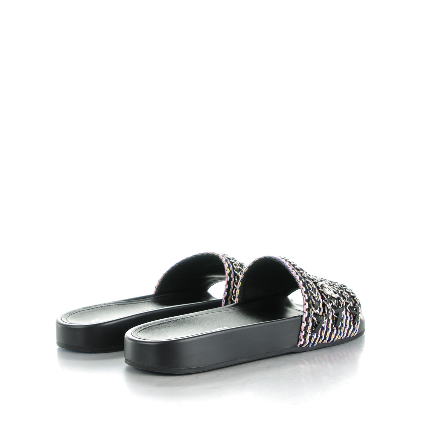 Tweed Lambskin Chain Flat Sandals 39 Black Multicolor