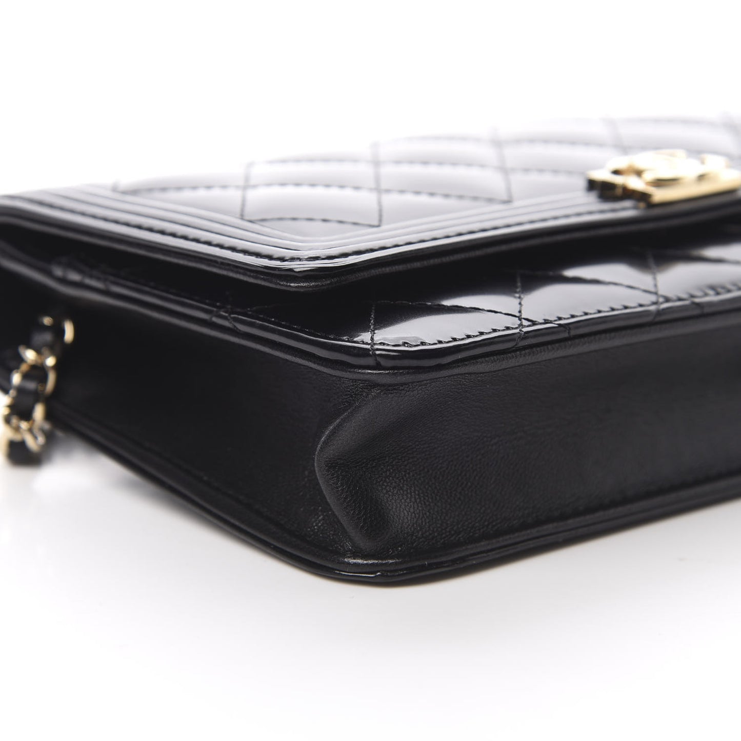 Patent Calfskin Quilted Boy Wallet On Chain WOC Black