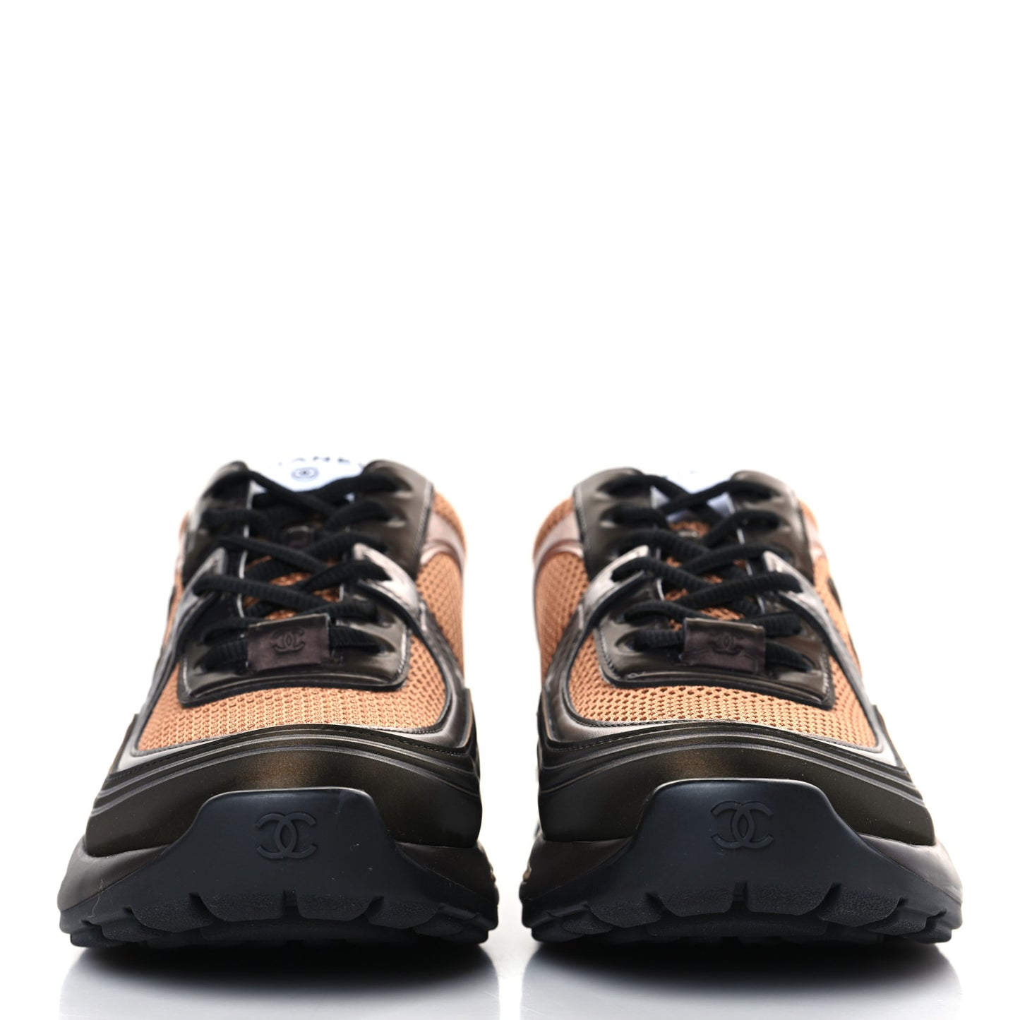 Fabric Laminated Calfskin Stretch CC Womens Sneakers 39 Brown Dark Grey